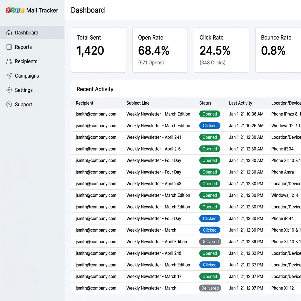 Zoho Mail Tracker Dashboard Activity Feed
